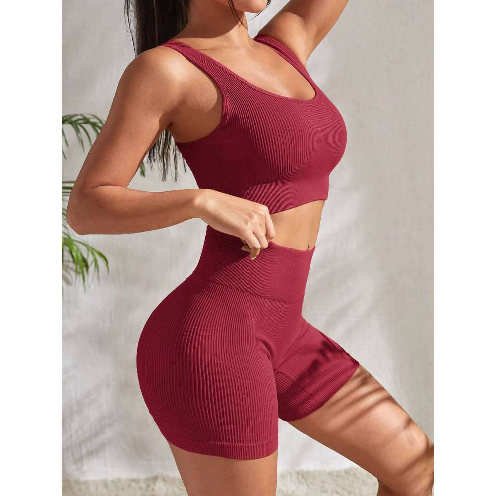 Seamless Yoga Workout Sets for Women 2 Pieces Gym Suits Ribbed Crop Tank High Waist Shorts Outfits Fiess Running
