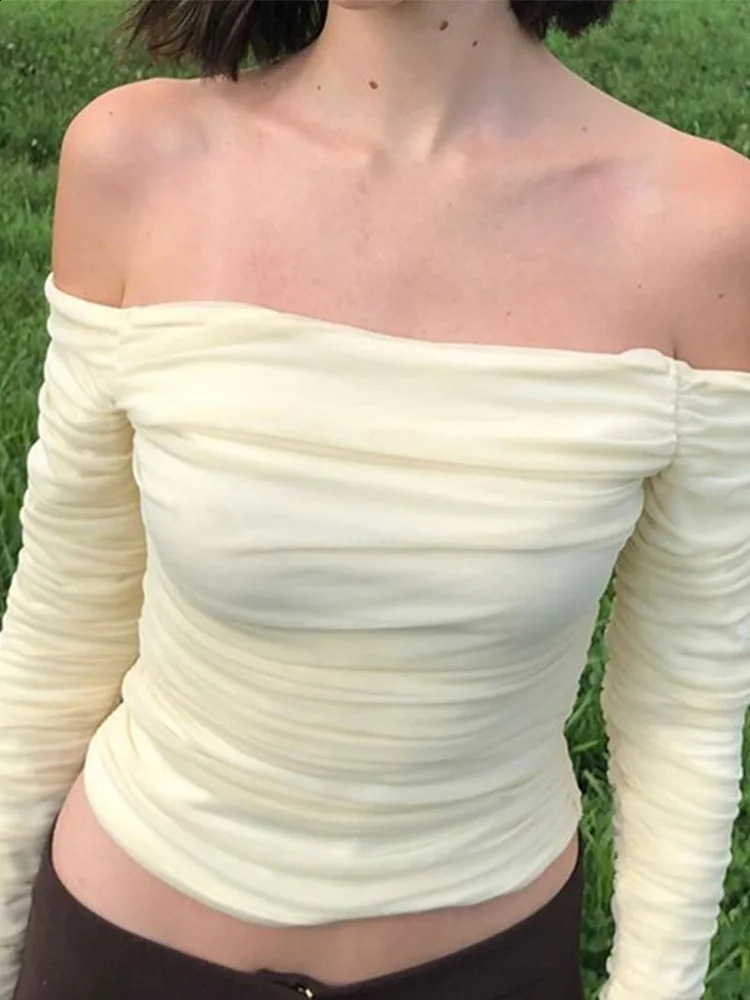 Mesh Patchwork Women Long Sleeve Crop T-Shirt Ruched Off Shoulder Bodycon Sexy Elegant Streetwear Spring Summer 250725