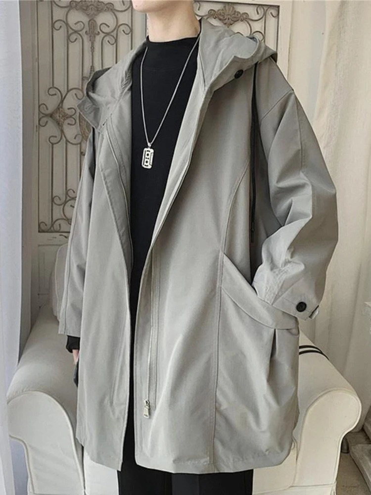 Windbreaker Mens Midlength Spring Autumn Trench Coat Hooded Jacket Korean Trend Handsome Preppy Cape Cloak Punk Streetwear 250729