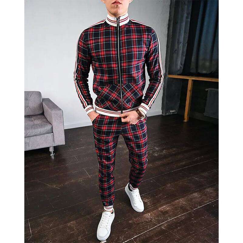 Mens Tracksuits Colorful Plaid Casual Zipper Hoodie 3D Print Set New Autumn Male Sweatshirt Clothes For Men
