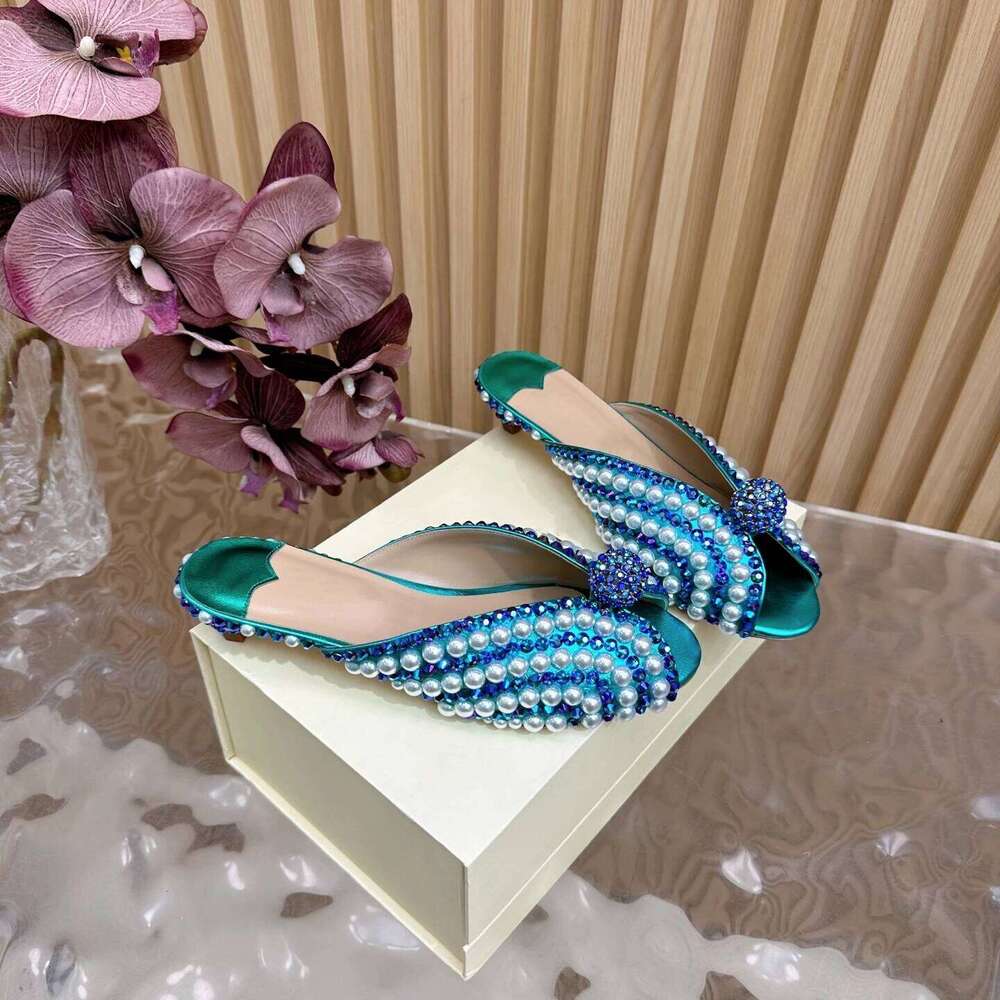 Women Size34-42 Genuine Leather Slippers Low High Heels Pearl Crystals Summer Slides Designer Shoes Zapatillas De Mujer 52c