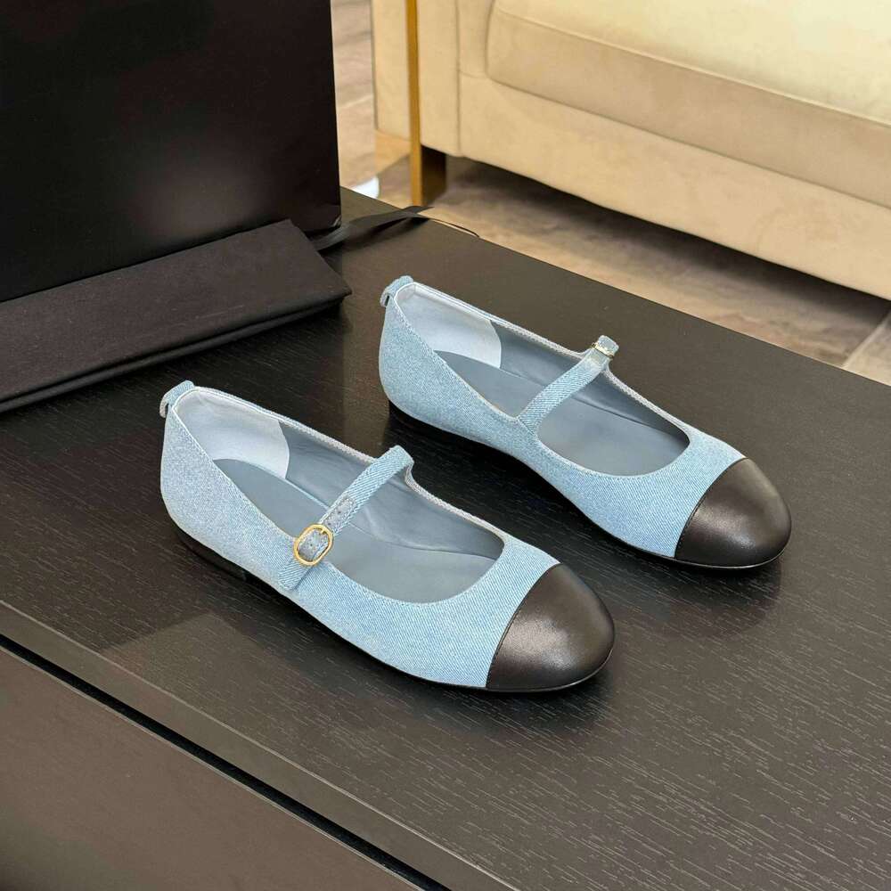 New Women Genuine Leather Ballet Flats Mary Janes Denim Round Toe Buckle Strap Roman Designer Shoes Zapatillas De Mujer 3ae