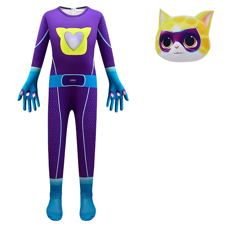 Children's cute hero style one-piece tight-fitting suit, super cat pink and blue contrasting cat ear mask cosplay costume