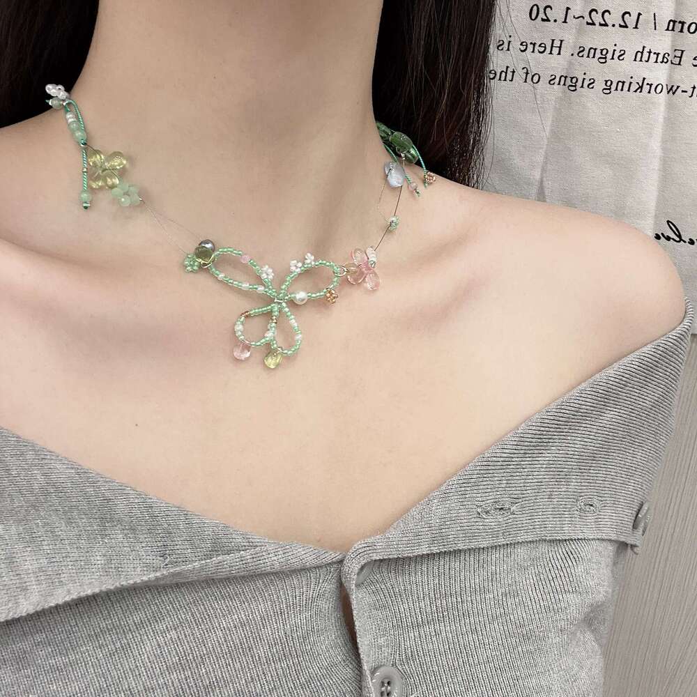Girlish Summer Colorful Crystal Beaded Flower Bow Ballet Style Women's Collarbone Chain Necklace Niche Versatile aaa