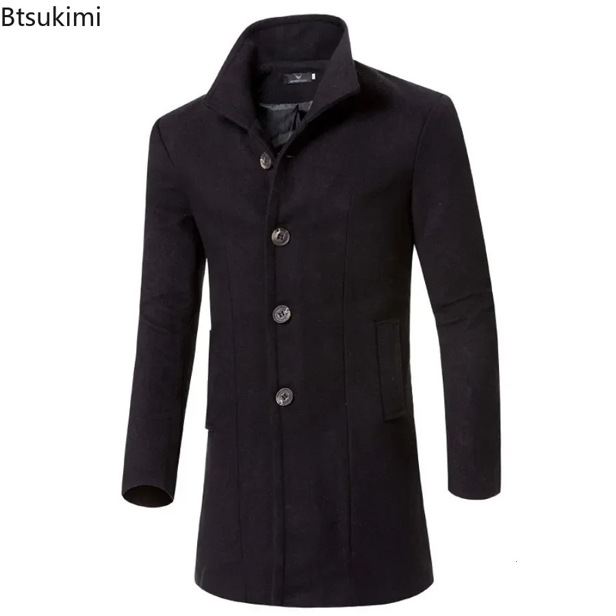 2025 Mens Warm Woolen Trench Jacket Solid Slim Woollen Coats Male Fashion Windproof Stand Collar Long Outwear for Men 250729