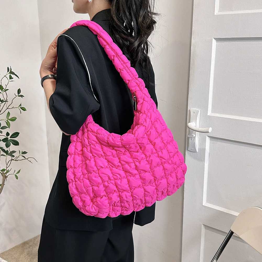 Ladies Tote Bags Large Capacity Lattice Pattern Female Hand Bag Casual Fashion Simple Nylon Quilted Elegant for Weekend Vacation Y250730