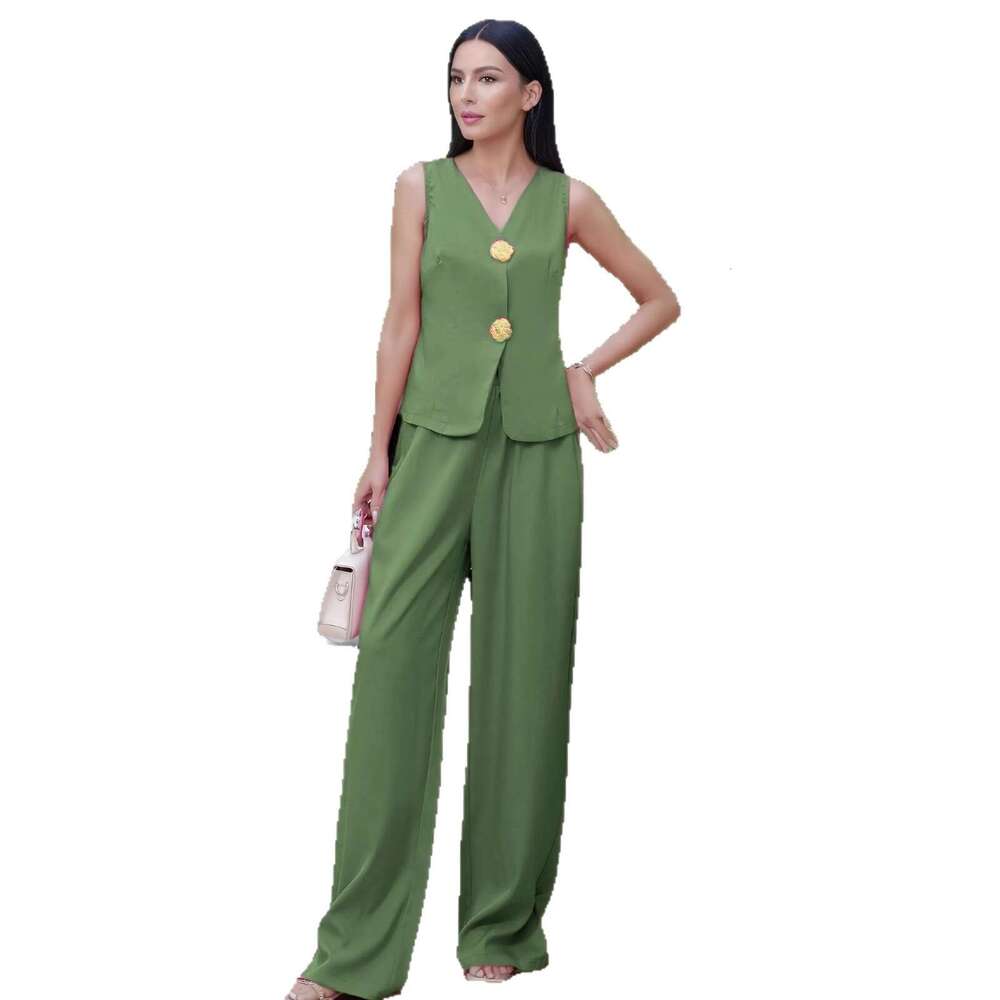 Spring Summer Women's Fashion Button Vest and Long Pants Casual Two-Piece Set for Women