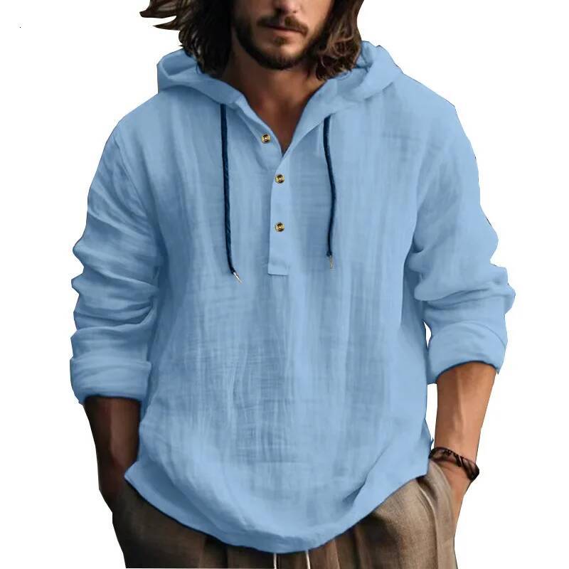 25 New cotton and linen shirts hooded loose large size casual sweater long sleeve hoodie men