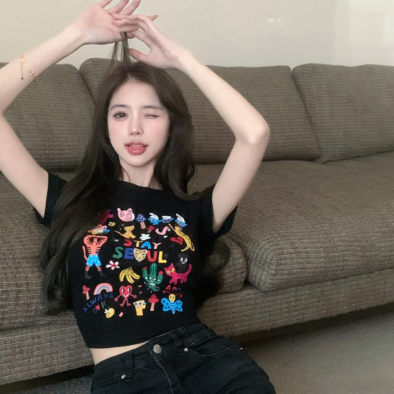 2025 pure desire spicy girl cartoon printed short sleeved women's T-shirt summer new slim fit basic shirt short top new designer T-shirt