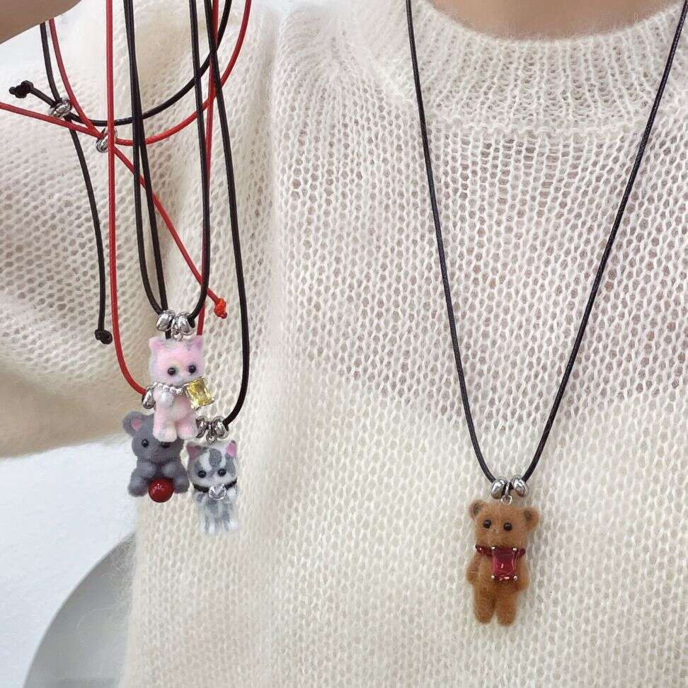 Cute Flocked Bear Sweater Chain New Niche Design Sense Autumn Winter Long Versatile Fun Cartoon Soft Adorable Necklace 068