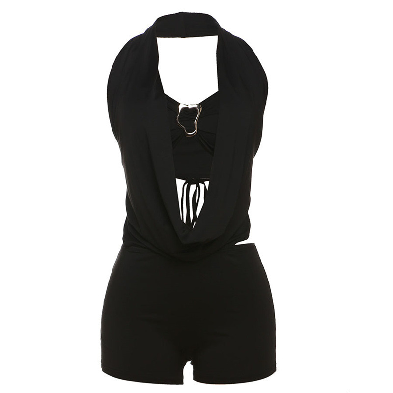 2025 Summer New Fashion Solid Color Strapless Tie Halter Top Tight Short Set for Women