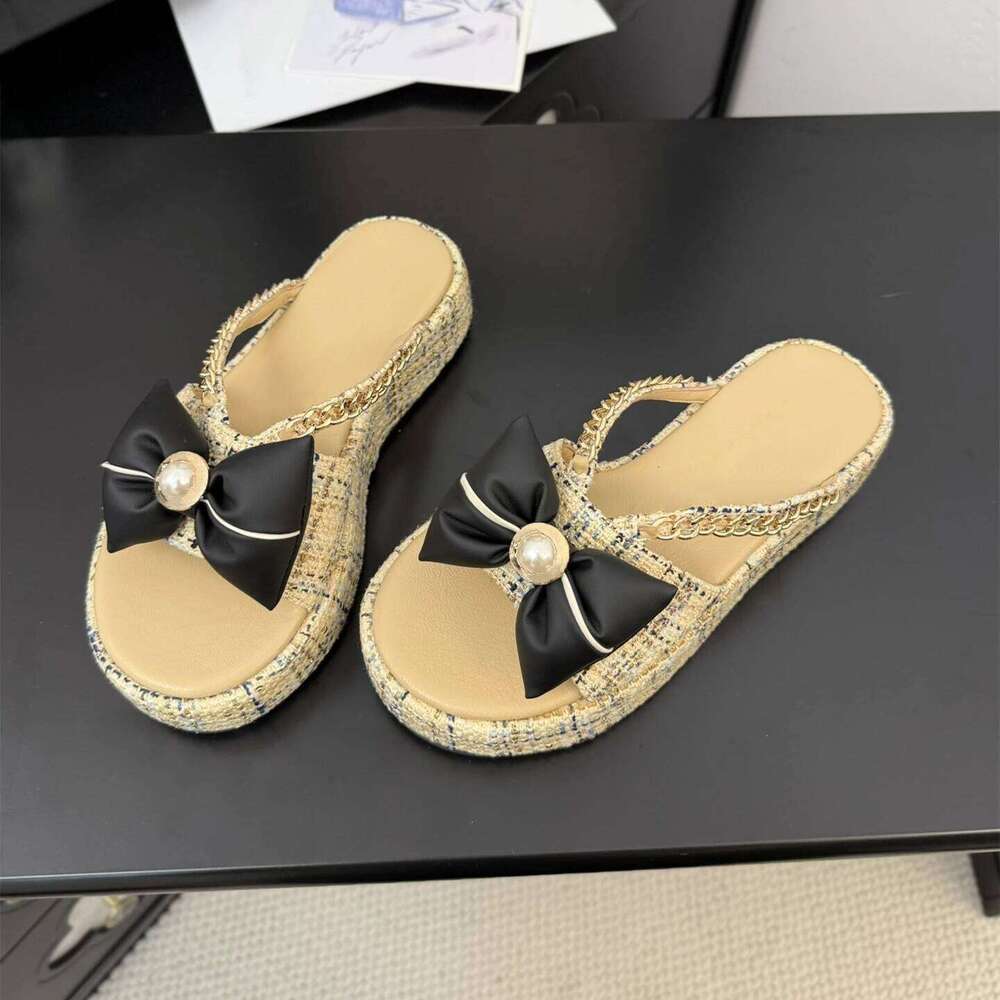Women Size34-41 Flip-Flops Chain Pearls Butterfly Knot Slippers Flat Platform Slides Designer Shoes Zapatillas De Mujer 9c1