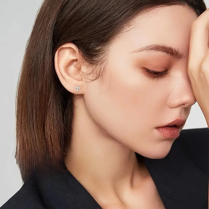 Huitan Dainty Cross Stud Earrings for Women 925 Sterling Silver Glossy Versatile Ear Accessories Delicate Daily Party Jewelry 250729