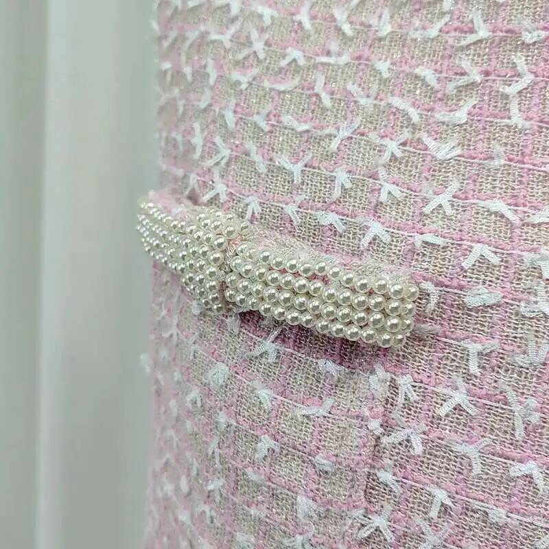 Short Tweed Dress Women's Pink Tank Pearl Bow Pocket Prom Party Vestido Mini Robe Tassels Sweet Evening Dresses dongdumaoyi