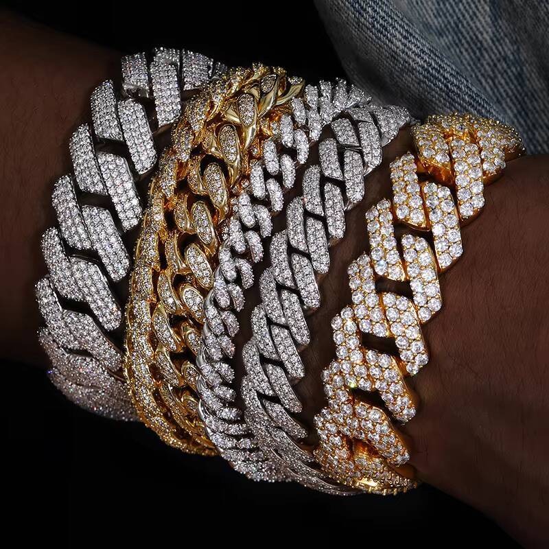 Fine Jewelry Hip Hop Men 20mm 925 Gold Plated Sterling Silver 3 Rows VVS Moissanite Diamond Cuban Link Bracelet