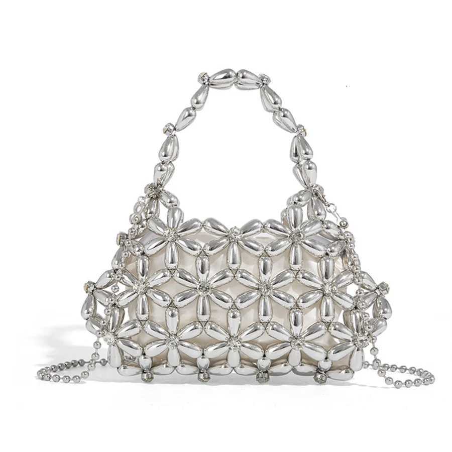 Personalized Beaded Woven Handbags Hollow Out Crystal Shiny Dumpling Cloud Chains Crossbody Bags For Women Summer Beach Clutch Y250730