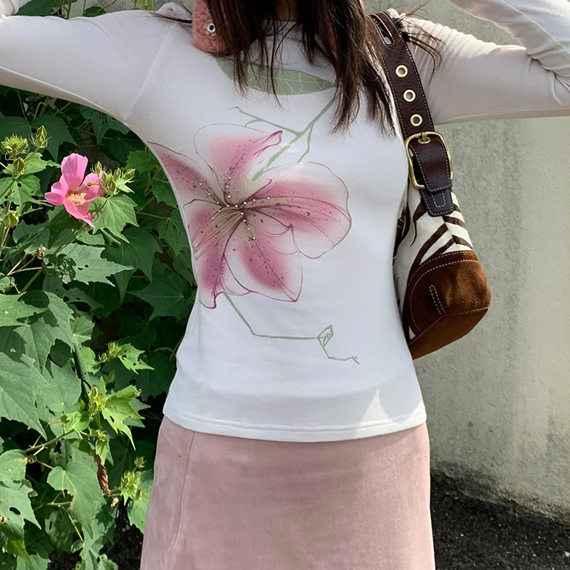 Lamuusaa Fairy Coquette Top Women y2k Clothing Rhinestone Floral Print Round Neck Long Sleeve T Shirts 2000s Clothes Streetwear 250730