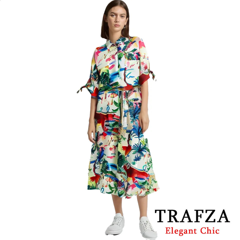 TRAFZA Vintage Casual Chic 2 Piece Set Women Print Short Sleeve Short BlouseFolds Print Long Skirt Fashion Summer Suit 250728