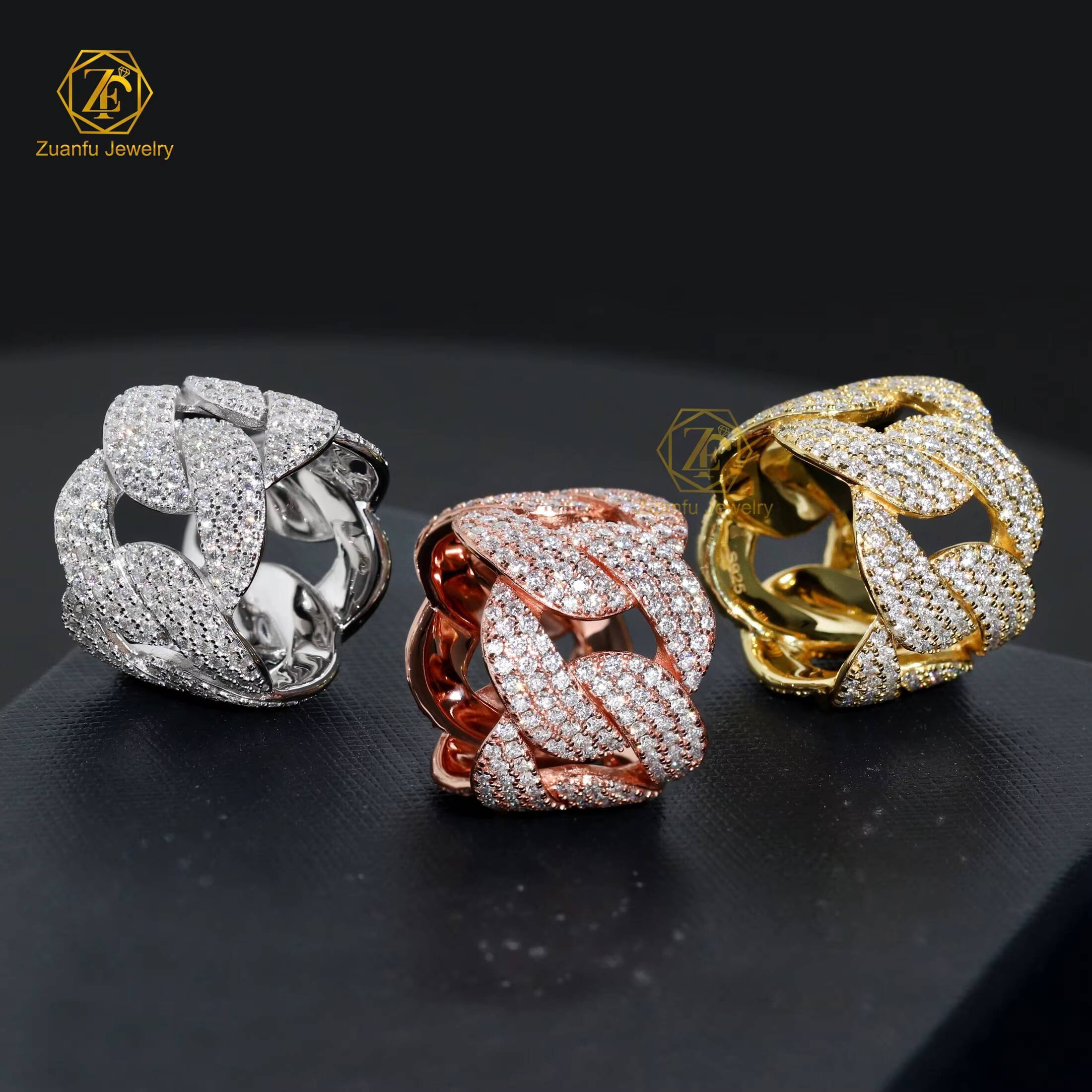 RTS 7mm 18mm Moissanite Diamond Cuban Link Ring 925 Sterling Silver VVS Gold Plated Ring Fine Jewelry for Men