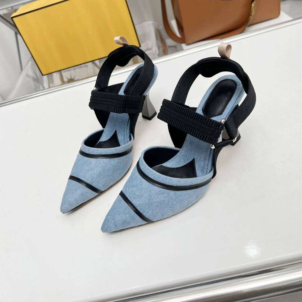 New Women Size35-42 Denim Pumps Super High Heels Genuine Leather Sandals Pointed Toes Designer Shoes Zapatillas De Mujer a15