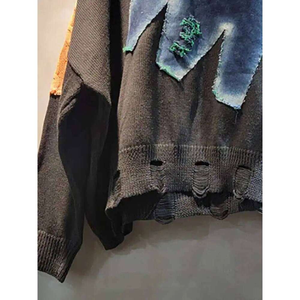 Designer Clothing 2025 DEAT Women's Pullover Patchwork Denim Star Rhinestone Broken Holes O-Neck Loose Long Sleeve Sweater 2025 Summer New Fashio