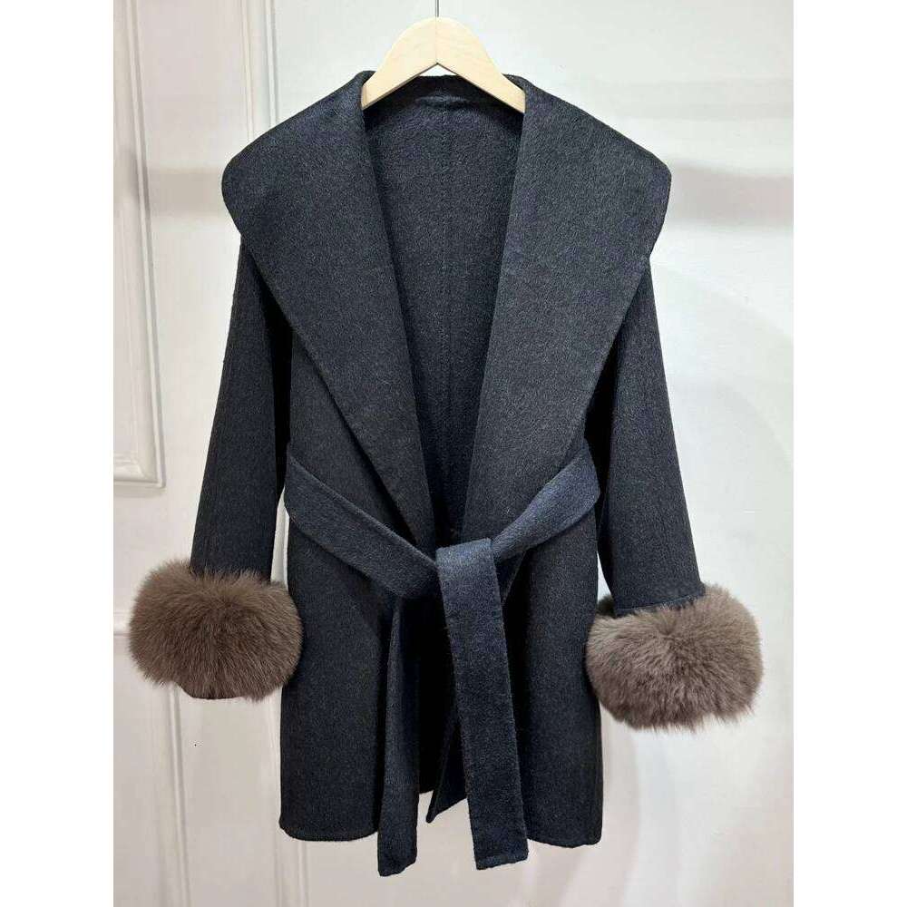 Designer Clothing Janveny 2025 New Winter Real Natural Fox Fur Cuff Ladies Outwear Female Cashmere Wool Coat Outerwear Women Woolen Jacket Fashion