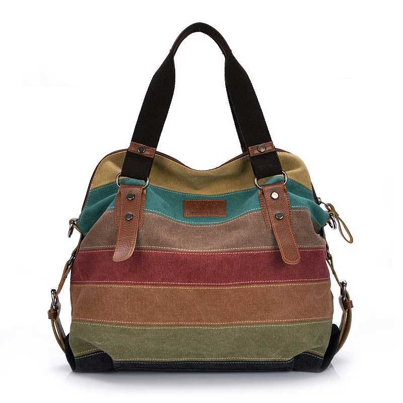 Canvas Totes Striped Womens Handbag 2021 Patchwork Rainbow Shoulder Bag Fashion Female Casual Crossbody Bag Sac A Main Y250730