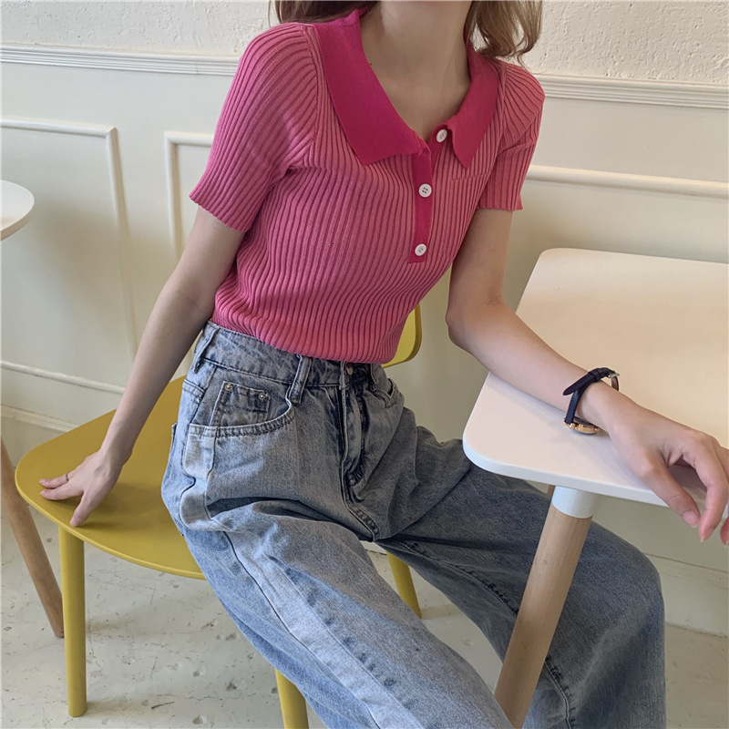 2025 Women's S Retro Short Sleeve Collar Slim Fit Versatile Fine Stripe Ice Silk Knitted Shirt Slim Fit Women's New Designer T-shirt