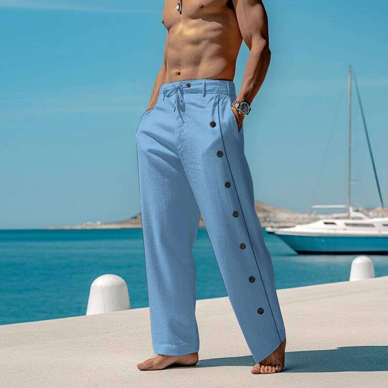 Fashion Men's Cotton Linen Casual Pants Side Buttoned Loose Ventilate Long Trousers Streetwear Spring Summer Beach Pant Male
