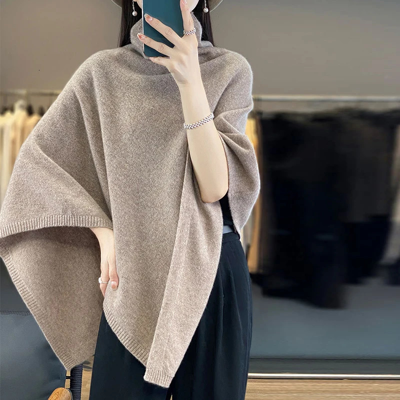 Turtleneck Cashmere Poncho Pullover Shawls 100%Wool Knitted Irregular Cloak Fashion Soft Warm Wollen Bat Sleeve Loose Pullovers 250729