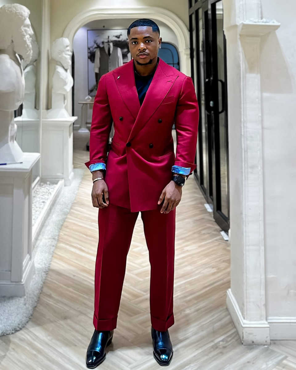 Formal Red Mens Tuxedos Peaked Lapel Double Breasted 2 Pieces Groom Dinner Party Male Prom Blazers Customized Coustome Homme