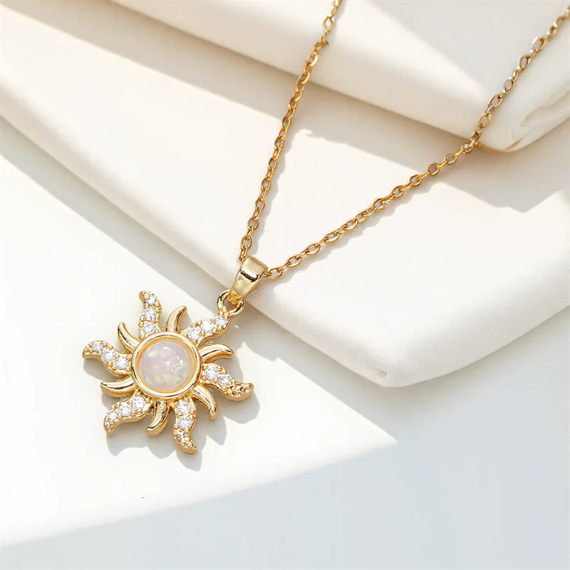 Pink Resin White Opal Sun Flower Pendant Necklaces For Women Vintage Gold Color Stainless Steel Chains Jewelry Mothers Day Gift 250729
