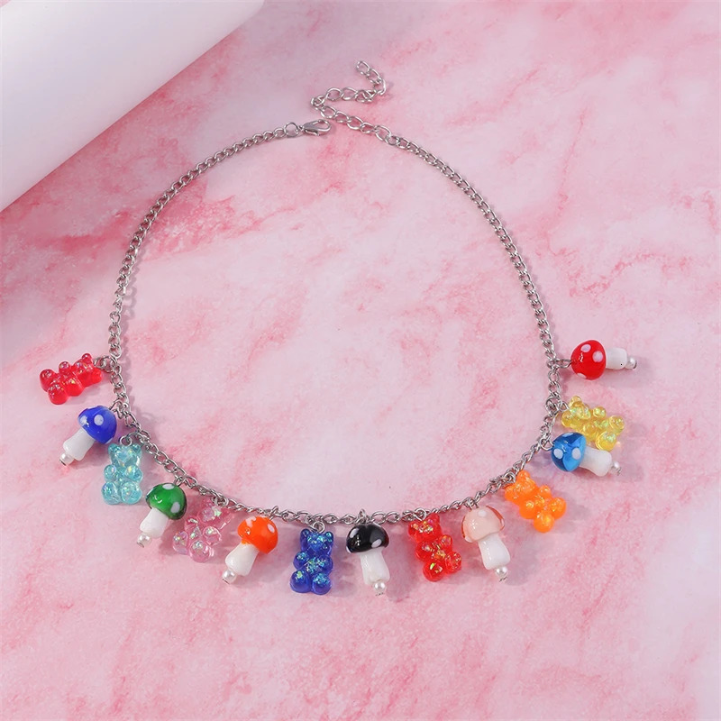 Fashion Mushroom Necklace Cartoon Candy Color Resin Animal Bear Pendant Necklace for Women Girl Party Jewelry Gifts 250729
