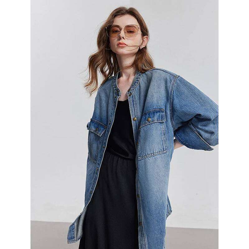 TOYOUTH Women Denim Jacket 2025 Spring New Pocket Stand Collar Workwear Single Breasted Button Streetwear Outwear Coat 250728