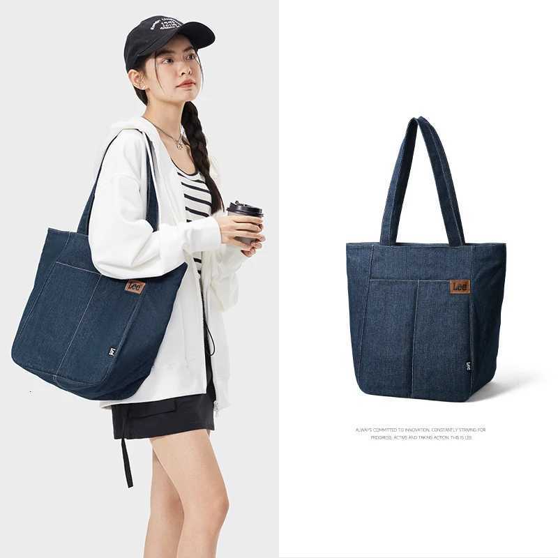 LEE Denim Blue Women Casual Large Capacity Tote Bag Jeans Beige Ladies Work Shoulder School Student Laptop Book Bag G250729