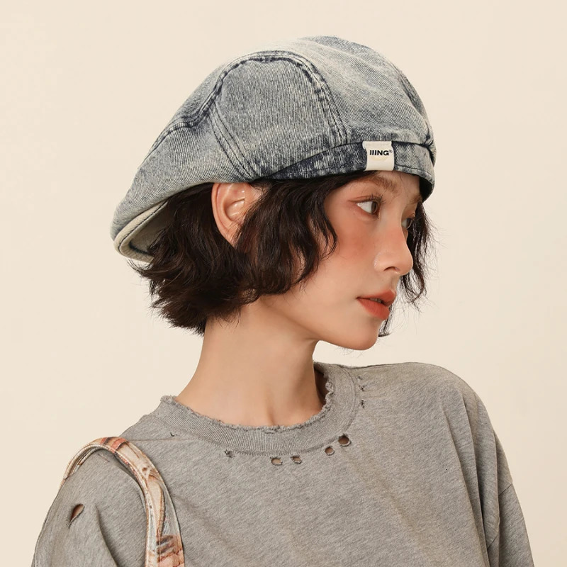 Retro Cowboy Beret Womens Summer Versatile Washed and Used Big Head Circumference Show Small Face Forward Hat 250730