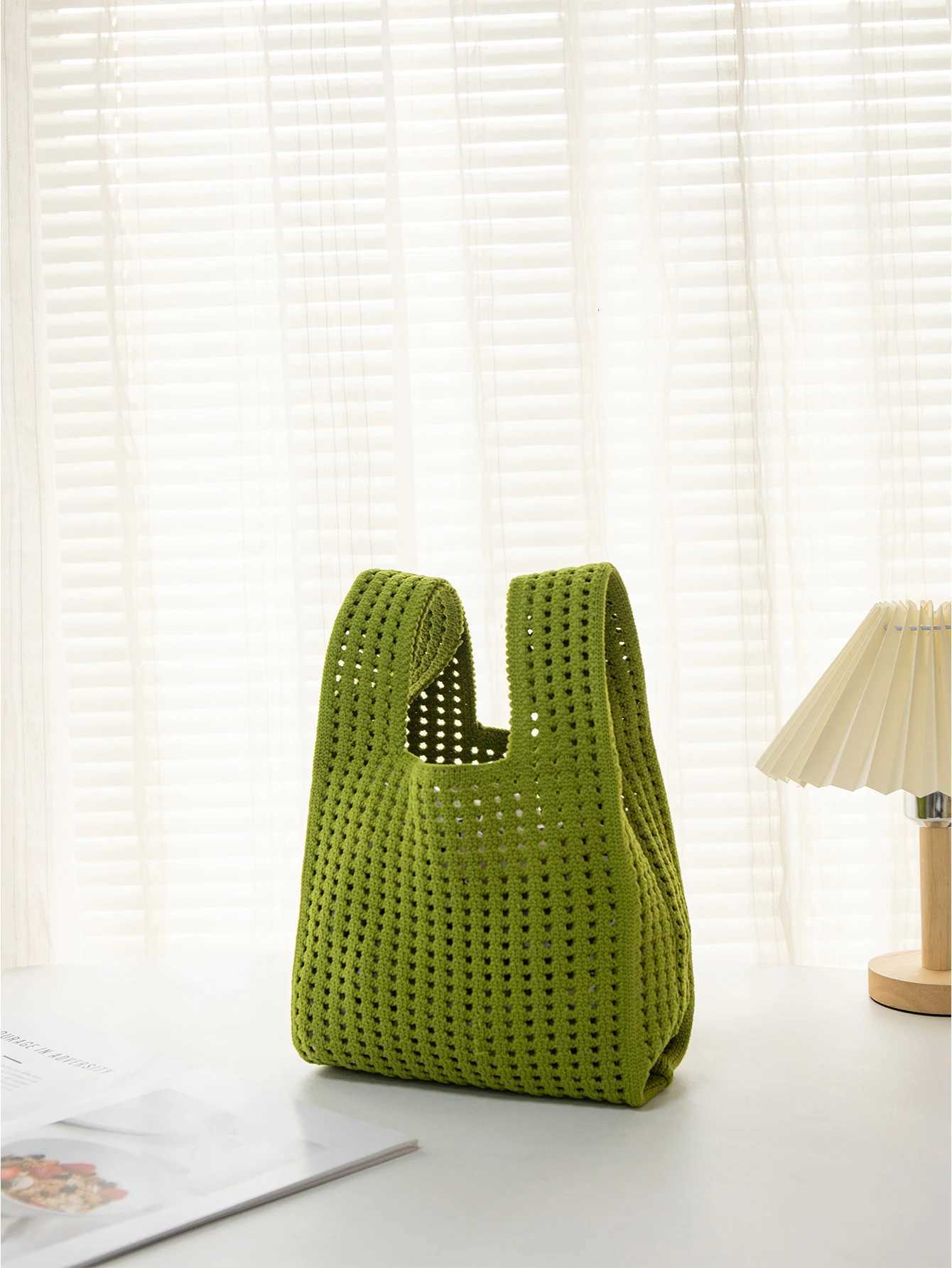 Handmade Knit Handbag Women Mini Knot Wrist-bag Female Casual Color Wide Stripe Plaid Tote Bag Student Reusable Shopping Bag G250729