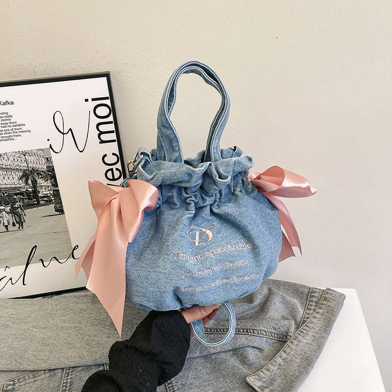 New Luxury High-End Feel Single Shoulder Crossbody Large Capacity Drawstring Denim Handheld Canvas Tote Bag
