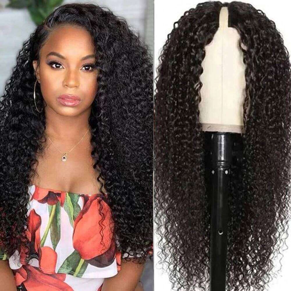 Kinky V Leave Out No Glue Brazilian Deep Curly Wave U Part Human Hair Wig for Women 180% Density