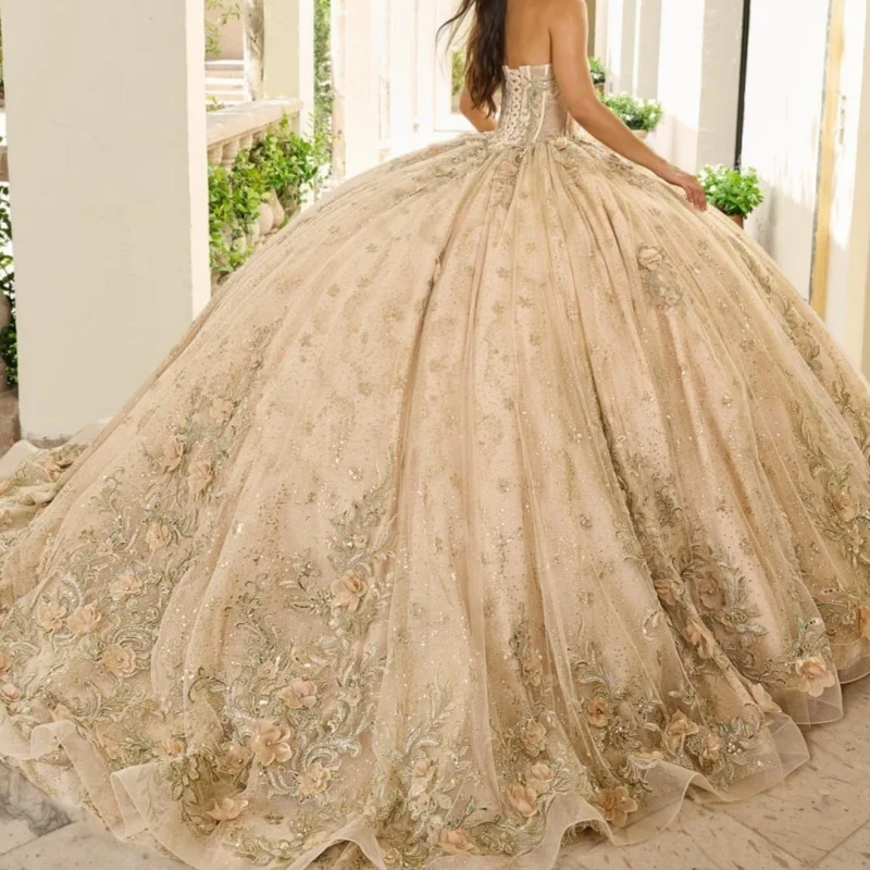 Champagne Shiny Quinceanera Dresses Ball Gown Off The Shoulder Applique Flower Beads Tull Party Birthday Sweet 16 Dress Vestidos 15 Anos