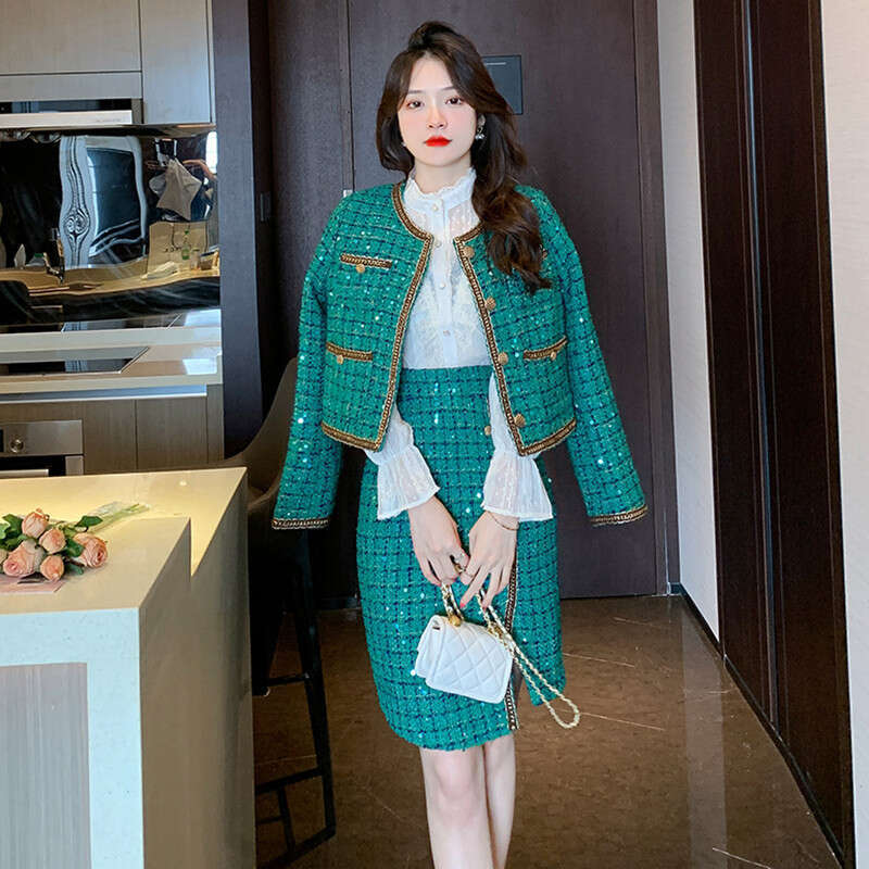 Socialite Elegant Green Tweed High-End Coat Irregular Bodycon Skirt Set 2023 New Thickened