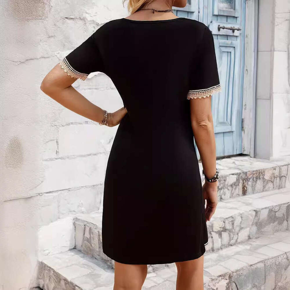 2025 V-neck Lace Trim Patchwork Solid Color Short Sleeve Long Slim Fit Dress Versatile