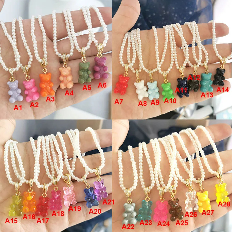 QMHJE Candy Color Resin Bear Necklace for Women Pearl Chain Beads Choker Link Neon Green Yellow Jewelry Bohemia Cute 250729