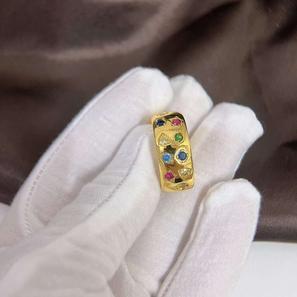 Korean Band Colorful Zircon Star Wide Face Inlaid Diamond Closed for Women Internet Celebrity Ins Style Ring