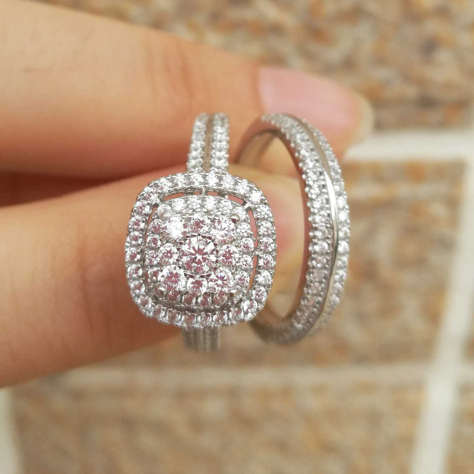 2Pcs Wedding Rings for Women Solid 925 Sterling Silver Engagement Ring Bridal Set 1.6Ct Halo Round Cut AAAAA Zircon y250730