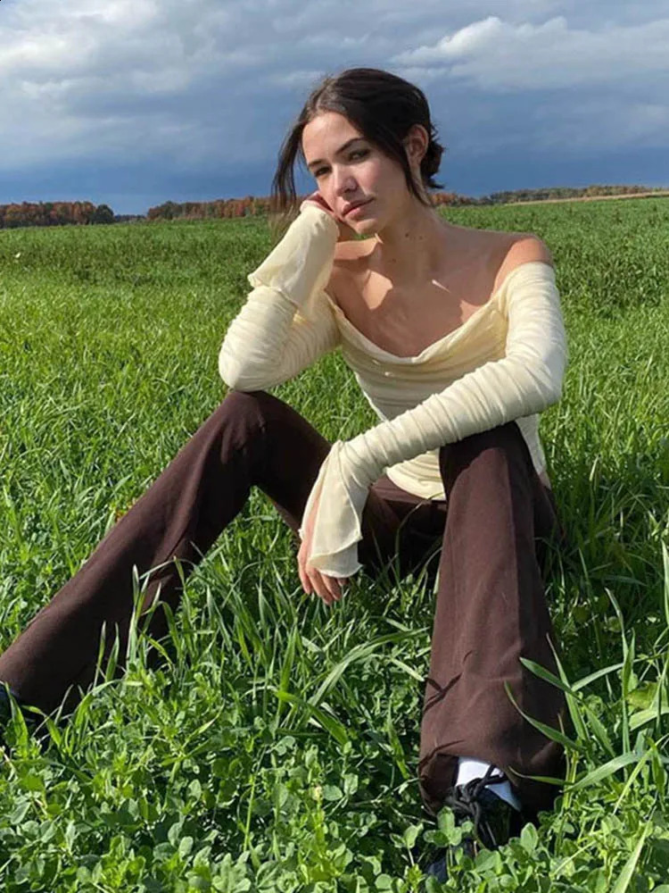 Mesh Patchwork Women Long Sleeve Crop T-Shirt Ruched Off Shoulder Bodycon Sexy Elegant Streetwear Spring Summer 250725