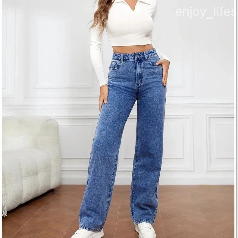 Womens Jeans Denim Women Straight Pants Washing High Waist Loose Pockets Basics Ankle Length Y2k Blue Streetwear Slight Strech
