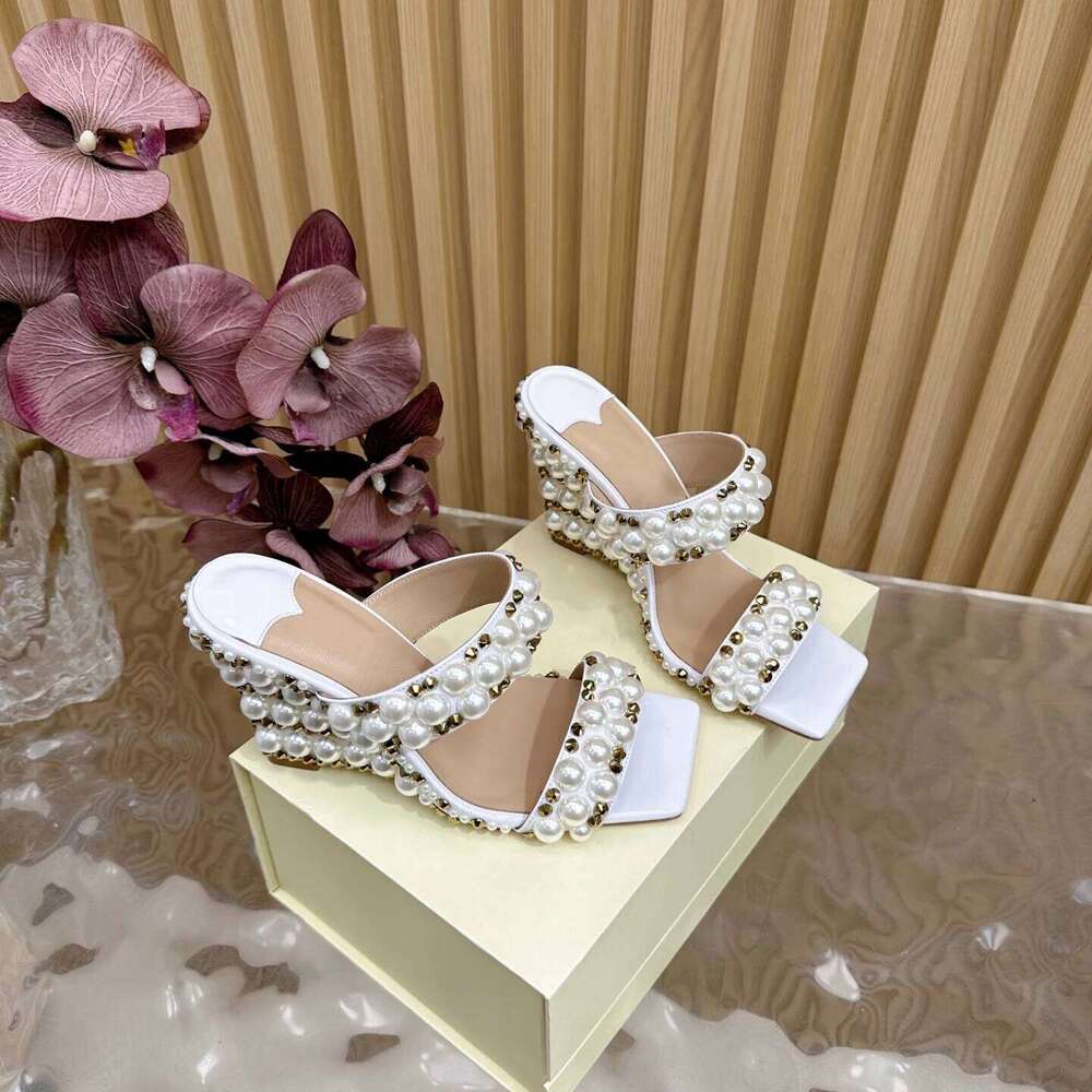 Women Size34-42 Genuine Leather Slippers Super High Heels Wedges Pearl Crystals Mules Designer Shoes Zapatillas De Mujer 475