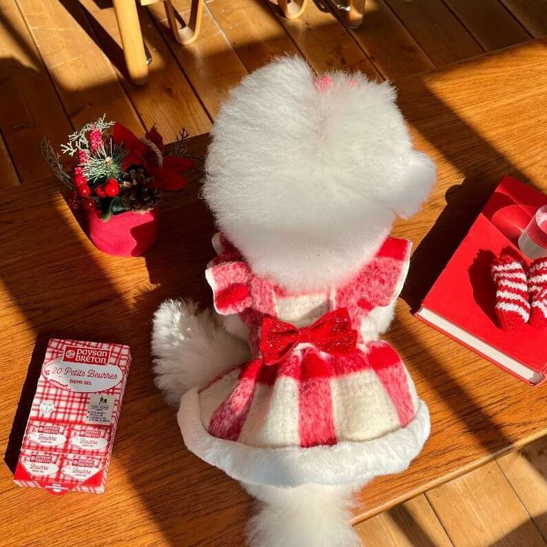 New Autumn Winter Dog Christmas Sweet Heart Plaid Cotton Dress Cat Pet Clothes