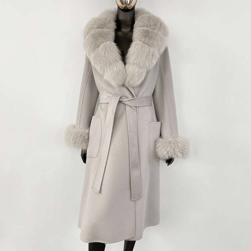 Designer Clothing GENHUA 2025 Fashion Casual Natural Fox Collar Belt Warm Wool Women Real Fur Coat Autumn Winter Woolen Jacket Female Fashion